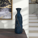 15 in. Blue Faceted Ceramic Decorative Vase with Gold Accents