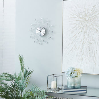 15" Silver Metal Starburst Wall Clock with Crystal Accents