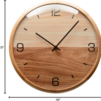 Analog Dome Glass Wall Clock (10") - Pine Wood Frame with Two-Tone Wooden Face - Battery Operated with Silent Movement - Large Decorative Clocks for Classroom, Office, Living Room, or Bedrooms.