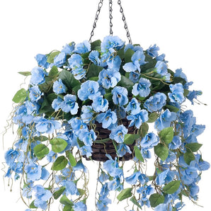 Artificial Fake Hanging Hibiscus Flowers Plants Baskets for Outdoor outside Fall Decoration, Faux Silk Hibiscus Long Vines in Planter UV Resistant Realistic for Home Porch Balcony Patio Yard, Blue