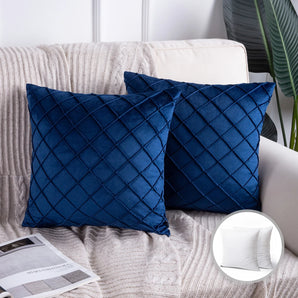 18" X 18" Modern Navy Blue Plaid Velvet, Throw Pillow , ( 2 Count)