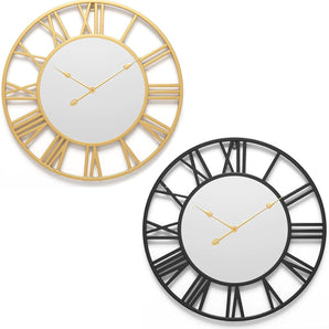 20" Large Wall Clock with Mirror Effect, round Roman Numeral Battery Operated Silent Quartz Movement Big Metal Wall Clock for Home Decorative/Living Room Decor - Random Gold/Black