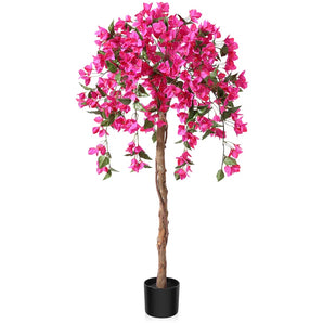 Tall Artificial Bougainvillea Tree in Pot, Faux Plants with Wood Trunk and Pink Flowers