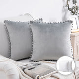 Silky Velvet Series Pom Pom Decorative Pillow, 18" X 18", Gray, 2 Pack