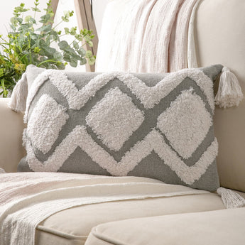 Boho Woven Tufted with Tassel Series Decorative Throw Pillow Cover, 12" X 20", Gray/White, 1 Pack