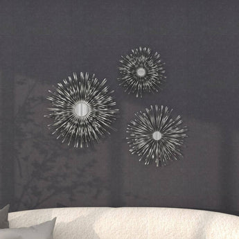 Metal Silver Sunburst Wall Decor with Mirror Accent (Set of 3)