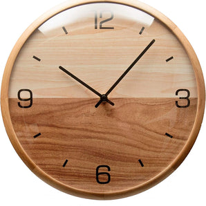 Analog Dome Glass Wall Clock (10") - Pine Wood Frame with Two-Tone Wooden Face - Battery Operated with Silent Movement - Large Decorative Clocks for Classroom, Office, Living Room, or Bedrooms.