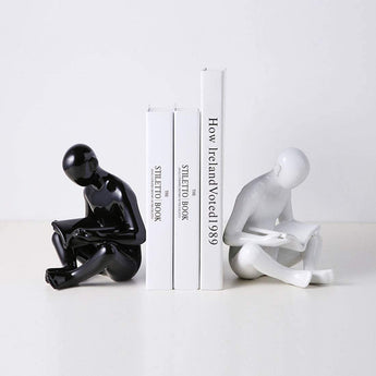 Ceramic Reading Bookend 1 Pair, Decorative Figurine Accent Piece for Home,Office,Table and Desk Decor (White and Black)