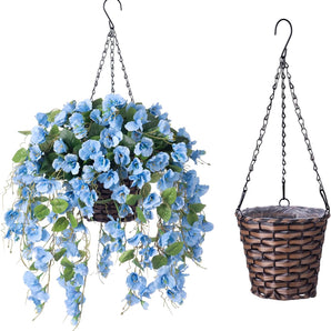 Artificial Fake Hanging Hibiscus Flowers Plants Baskets for Outdoor outside Fall Decoration, Faux Silk Hibiscus Long Vines in Planter UV Resistant Realistic for Home Porch Balcony Patio Yard, Blue