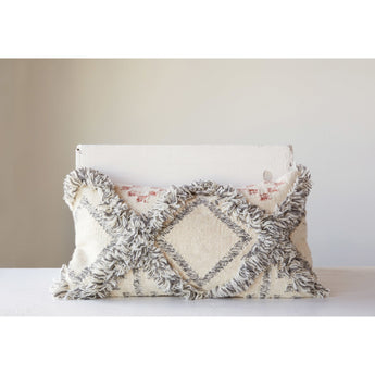 Wool Cream Kilim Pillow with Grey Fringe Accents