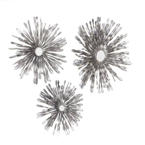 Metal Silver Sunburst Wall Decor with Mirror Accent (Set of 3)