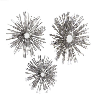 Metal Silver Sunburst Wall Decor with Mirror Accent (Set of 3)