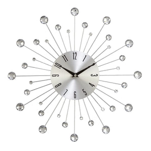 15" Silver Metal Starburst Wall Clock with Crystal Accents