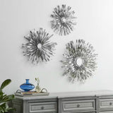 Metal Silver Sunburst Wall Decor with Mirror Accent (Set of 3)