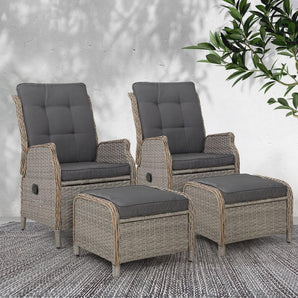 4 Piece Elizabeth Wicker Recliner Chairs with Ottomans (Grey)-0