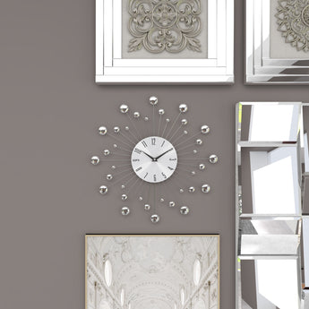 15" Silver Metal Starburst Wall Clock with Crystal Accents