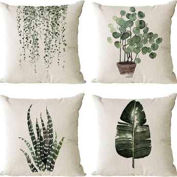 Set of 4 Linen Green Plants Decorative Throw Pillow Covers 16X16 Inch 