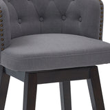 26" Grey Tufted Fabric and Dark Espresso Wood Swivel Bar Stool-1