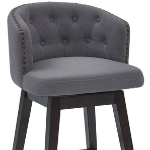 26" Grey Tufted Fabric and Dark Espresso Wood Swivel Bar Stool-2