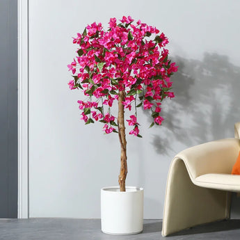 Tall Artificial Bougainvillea Tree in Pot, Faux Plants with Wood Trunk and Pink Flowers