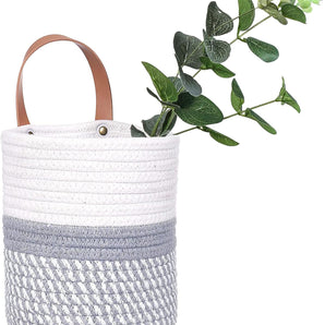 Wall Hanging Basket, Small Woven Hanging Baskets for Organizing, Decorative Wall Basket for Plants and Flowers,Hanging Storage Organizer for Wall Decor,Plant Holder 6.3" X 7" (White & Grey)