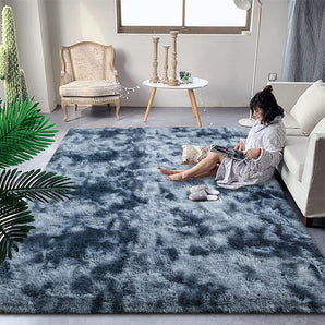 Fluffy Modern Area Rugs for Living Room Bedroom, 3X5 Ft Plush High Pile Blue Grey Rug for Kids Girls Room Nursery Home Decor, Upgrade Non-Slip Girls Bedroom Soft Indoor Rug, Tie-Dyed Blue Grey