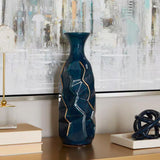 15 in. Blue Faceted Ceramic Decorative Vase with Gold Accents