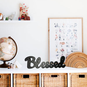 Black Wood Blessed Cut-Out Block Letters Standing Tabletop Sign for Home Decor, Wooden Black Block Letters Blessed Wall Decor Rustic Free Standing Words Home Decoration 16''L