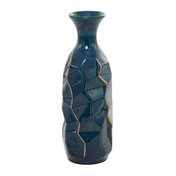 15 in. Blue Faceted Ceramic Decorative Vase with Gold Accents