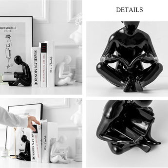 Ceramic Reading Bookend 1 Pair, Decorative Figurine Accent Piece for Home,Office,Table and Desk Decor (White and Black)