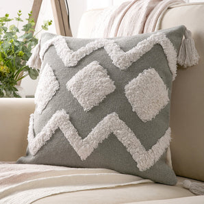 Boho Woven Tufted Decorative Throw Pillow Cover with Tassels, 18" X 18", Gray/White, 1 Pack