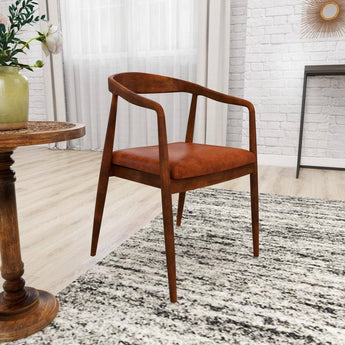 Brown Teak Wood Dining Chair with Leather Seat