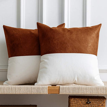 Set of 2 Modern Leather/Cotton Decorative Pillowcases,18X18 Inch, Cognac-Brown and White