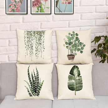 Set of 4 Linen Green Plants Decorative Throw Pillow Covers 16X16 Inch 