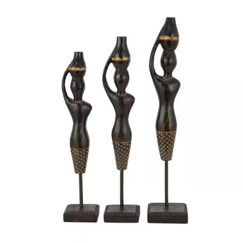 Black Wood Standing African Woman Sculpture with Baskets on Their Heads (Set of 3)