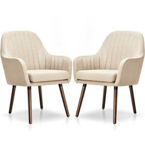 Set of 2 Retro Off-White Linen Upholstered Accent Chair with Stylish Wood Legs-1