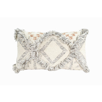 Wool Cream Kilim Pillow with Grey Fringe Accents