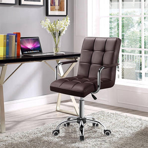 Dark Brown Modern Faux Leather Mid-Back Office Chair with Armrests and Wheels-1