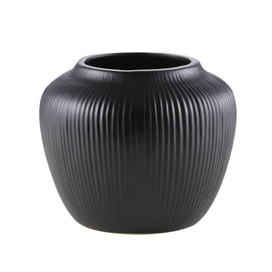 7" Black Textured Stripe Round Stoneware Vase