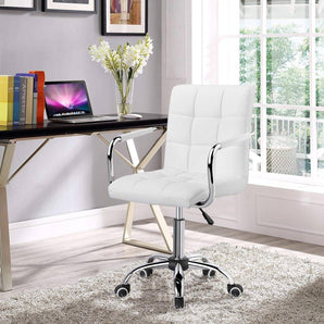 White Modern Faux Leather Mid-Back Swivel Office Chair with Armrests and Wheels-1