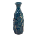 15 in. Blue Faceted Ceramic Decorative Vase with Gold Accents