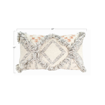 Wool Cream Kilim Pillow with Grey Fringe Accents