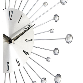 15" Silver Metal Starburst Wall Clock with Crystal Accents