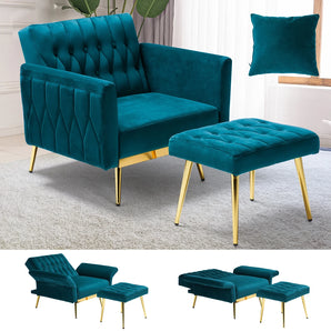 Velvet Accent Chair with Adjustable Armrests and Backrest, with Ottoman, Teal