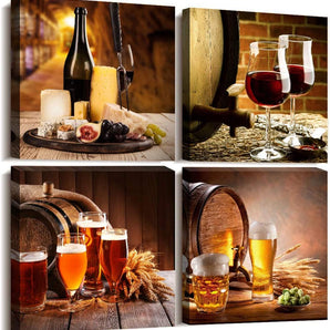 Kitchen Wall Decor Restoring Ancient Ways Still Life Wine Glass Wine Barrel Canvas Prints Wall Art for Dining Room Bar Home Decorations 16X16 Inch/4 Piece Restaurant Posters Decor Artwork Home Decor