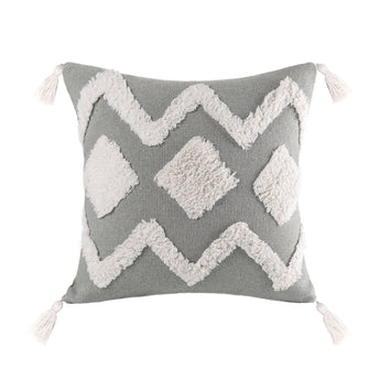 Boho Woven Tufted Decorative Throw Pillow Cover with Tassels, 18" X 18", Gray/White, 1 Pack