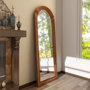 Arched Solid Wooden Framed Full-length Mirror, Brown