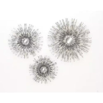 Metal Silver Sunburst Wall Decor with Mirror Accent (Set of 3)