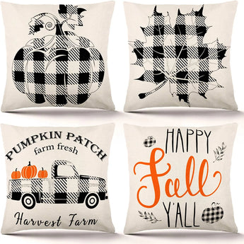 Fall Pillow Covers 18×18 Inch Set of 4 Fall Decor for Home Autumn Farmhouse Buffalo Plaid Pillow Covers Holiday Rustic Linen Pillow Case for Sofa Couch Thanksgiving Throw Pillow Covers