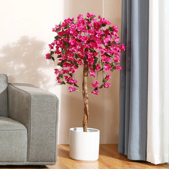 Tall Artificial Bougainvillea Tree in Pot, Faux Plants with Wood Trunk and Pink Flowers